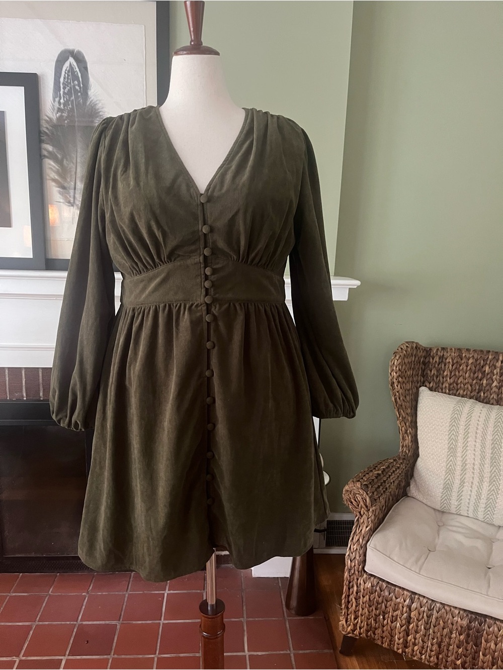 Deep Olive Fine Wale Corduroy Fit & Flare Dress |  size L